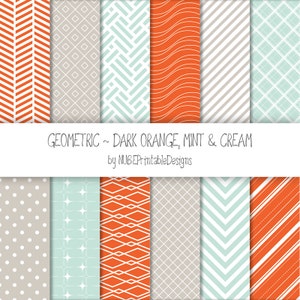 Geometric Digital Papers: Dark Orange, Mint and Cream; Seamless Patterns Backgrounds; Polka Dots, Waves, Chevron, Stripes, Squares, Stars