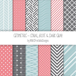 Geometric Digital Papers: Coral, Blue and Dark Gray; Seamless Patterns Backgrounds; Polka Dots, Waves, Chevron, Stripes, Squares, Stars