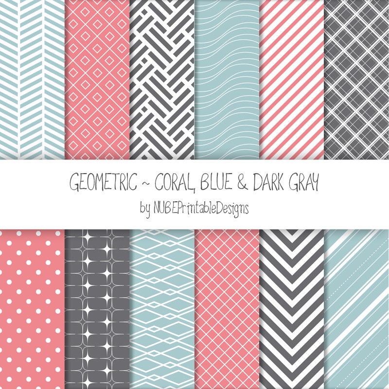 Coral & Blue Geometric Paper Set: Seamless Patterns (digital Download ...