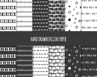 Hand Drawn Geometric Digital Paper: Abstract Doodles, Seamless Patterns (Digital Download)