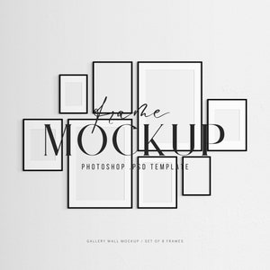Gallery Wall Mockup | Frame Mockup Set of 8 Thin Frames | Black | Modern, Minimalist Wall Art Frame Mockup | PSD Template