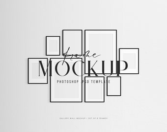 Gallery Wall Mockup | Frame Mockup Set of 8 Thin Frames | Black | Modern, Minimalist Wall Art Frame Mockup | PSD Template