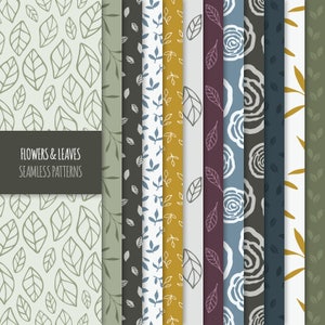 May include: Set of ten seamless patterns featuring floral and leaf designs in various colors, including green, blue, yellow, and brown. The patterns are labeled "Flowers & Leaves Seamless Patterns".