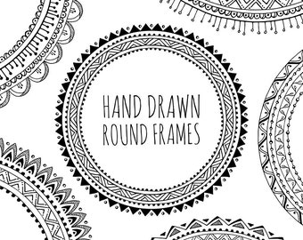 Hand Drawn Circle Borders, Boho Tribal Frames (Digital Frames Clipart)