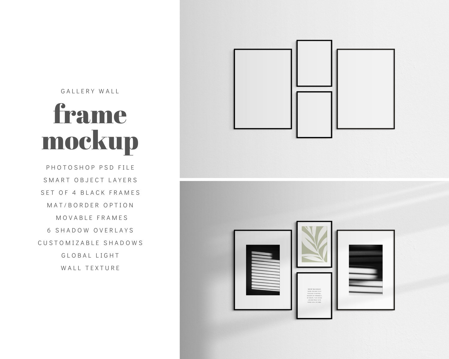 Gallery Wall Mockup Set of 4 Thin Frames Black Modern, Minimalist Wall