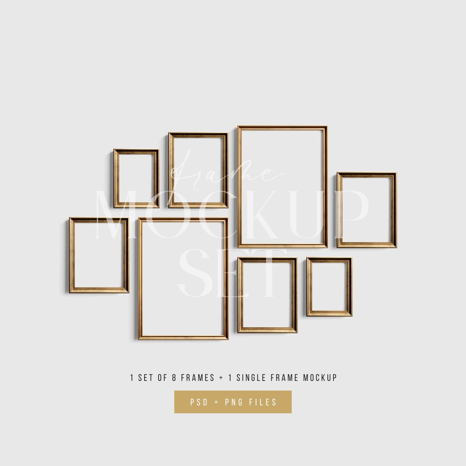 Vintage Gold Metallic Frame Mockup Set of 8 Vertical Frames | Gallery Wall Mockup | PSD Template + Transparent PNG Files | 13
