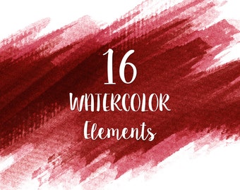 16 Red Watercolor Splotches, Splatters, Brush Strokes; Red Watercolor Clip Art, Transparent Background PNG; Red Watercolor Design Elements