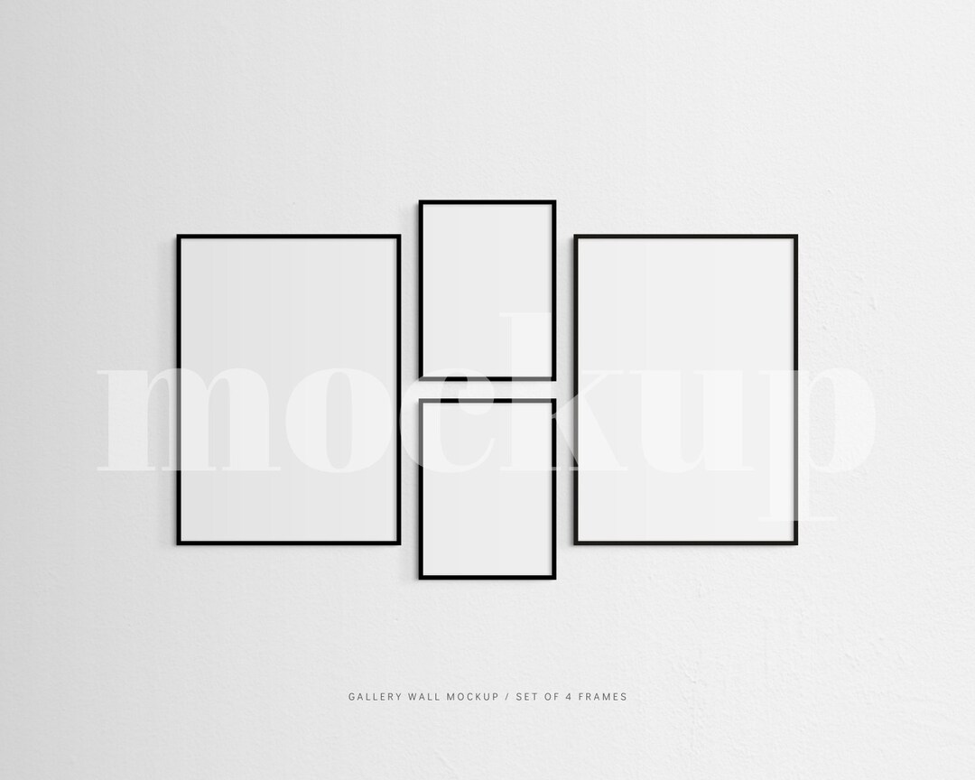 Gallery Wall Mockup Set of 4 Thin Frames Black Modern, Minimalist Wall