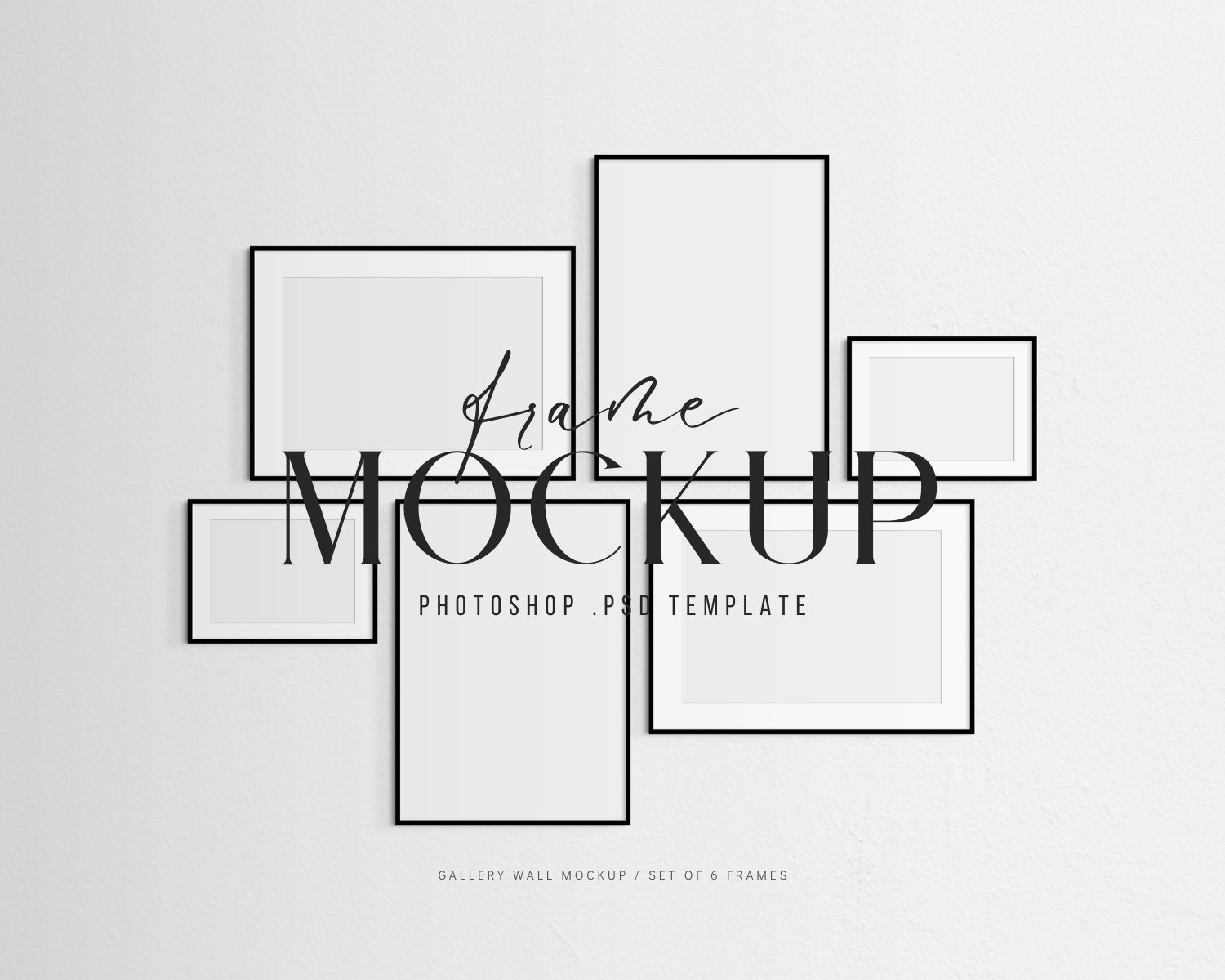 Gallery Wall Mockup | Frame Mockup Set of 6 Thin Frames | Black | Modern, Minimalist Wall Art Frame Mockup | PSD Template