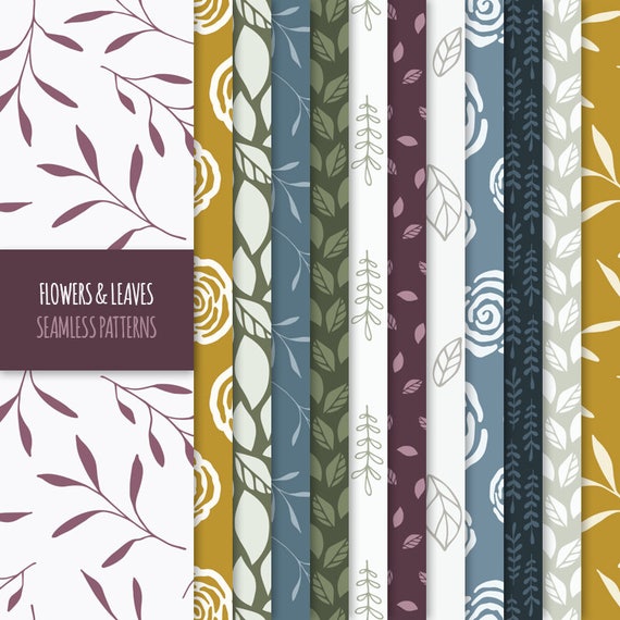 Floral Seamless Patterns: Hand-Drawn Flowers and Leaves, Botanical Digital Paper Pack (Digital Download)
