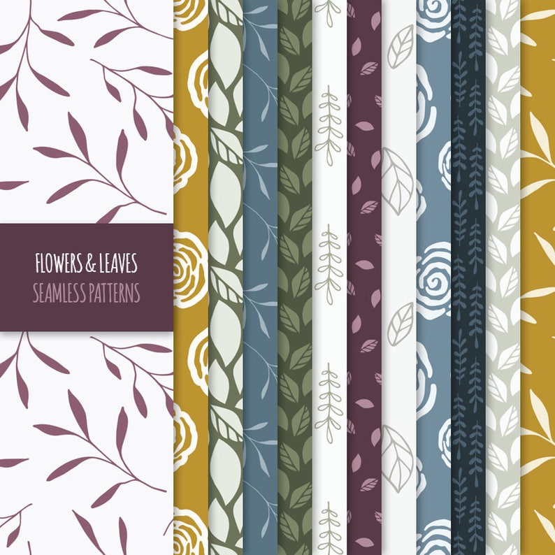 Puede incluir: Conjunto de 10 patrones sin costuras con dise&ntilde;os florales y de hojas. Los patrones incluyen varios colores como amarillo, verde, azul, blanco y morado. Los patrones son perfectos para crear dise&ntilde;os digitales o impresos.