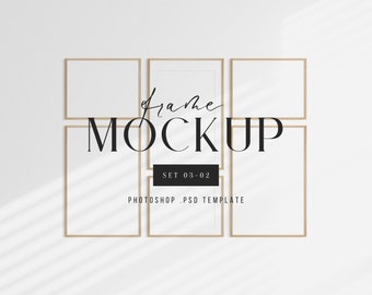 May include: A mockup of five empty picture frames with a white background. The frames are arranged in a grid pattern with the text "frame MOCKUP SET 03-02 PHOTOSHOP .PSD TEMPLATE" below the frames.