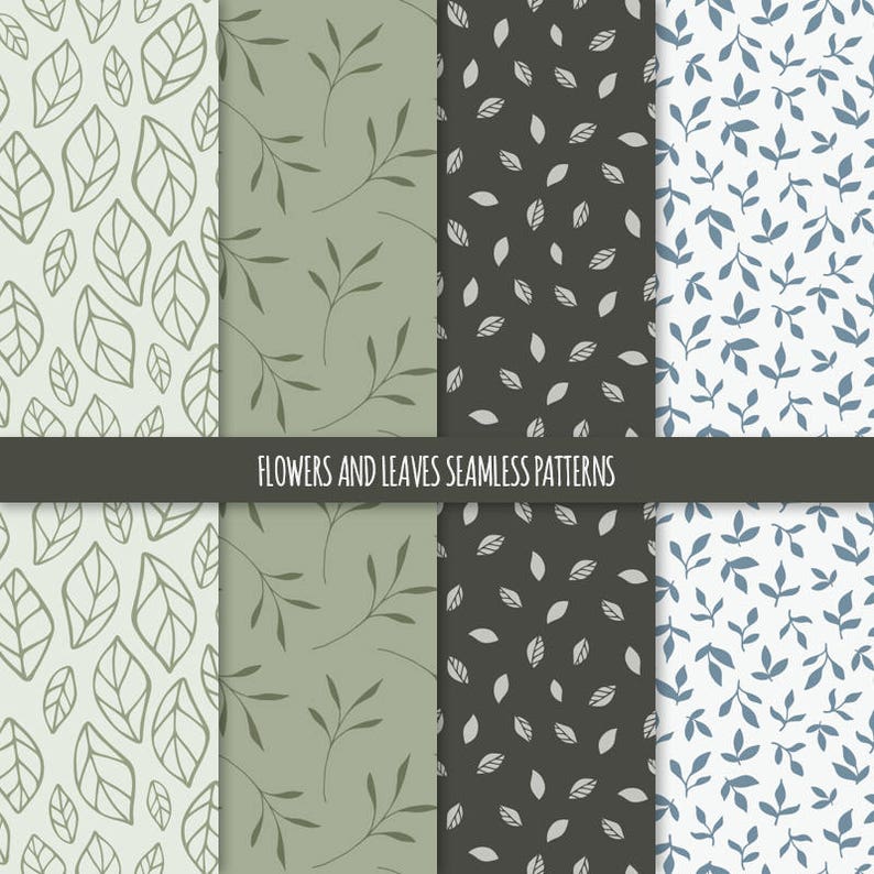 May include: Four seamless patterns featuring different designs of leaves and branches. The patterns are in shades of green, gray, and blue.