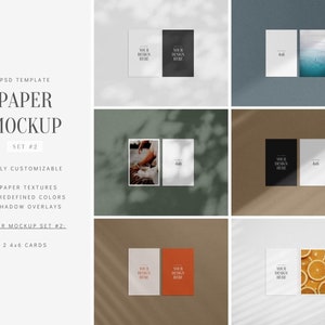 May include: A mockup template for two 4x6 inch cards. The cards are shown in various settings with different backgrounds and colors. The text "Your Design Here" is on each card.