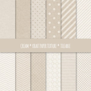 Papel digital creme, padrões geométricos sem costura ~ Textura de papel Kraft Tileable ~ Fundo de textura de papelão ~ Pontos, listras, Chevron