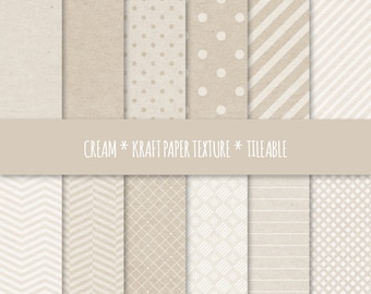 Cream Digital Paper, Geometric Seamless Patterns ~ Kraft Paper Texture Tileable ~ Cardboard Texture Background ~ Dots, Stripes, Chevron