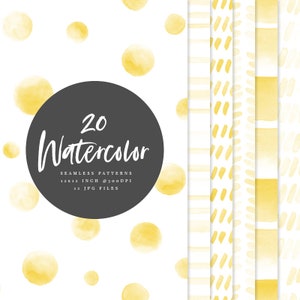 20 Seamless Watercolor Patterns, Yellow Watercolor Patterns on White Background, Watercolor Texture Backgrounds, Watercolor Digital Paper