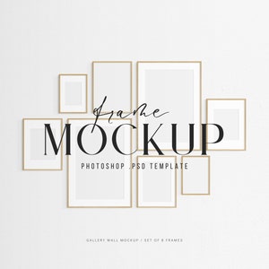 Gallery Wall Mockup | Frame Mockup Set of 8 Thin Frames | Oak Timber Wood | Modern, Minimalist Wall Art Frame Mockup | PSD Template