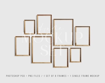 Vintage Gallery-muurmodel: 8 metallic gouden verticale frames, PSD-sjabloon + png (digitale download)
