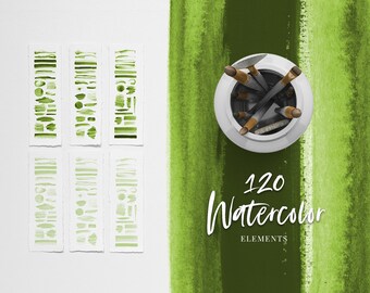 120 Green Watercolor Splotches, Splatters, Brush Strokes; Green  Watercolor Clip Art, Transparent Background PNG; Watercolor Design Elements