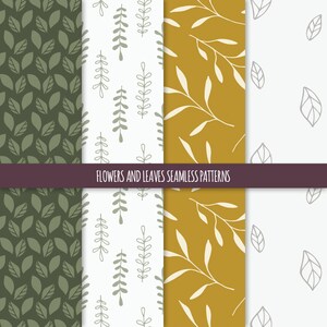 Puede incluir: Cuatro patrones sin costuras que presentan diferentes dise&ntilde;os florales. Los patrones incluyen hojas verdes, ramas blancas con hojas verdes, ramas amarillas con hojas blancas y hojas grises sobre un fondo blanco. El texto "Flowers and Leaves Seamless Patterns" se muestra en la parte superior de la imagen.