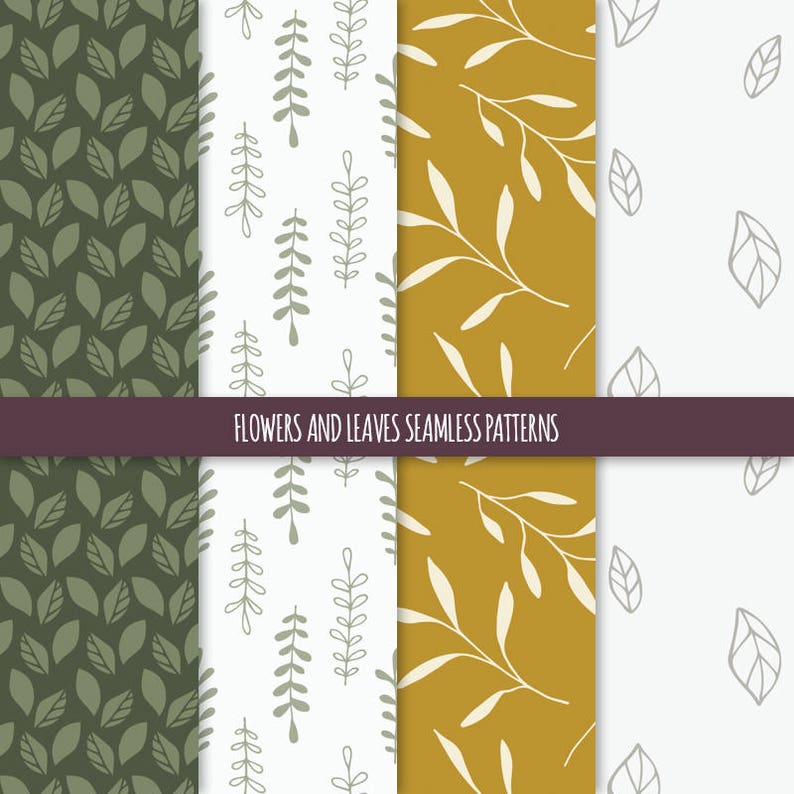 Puede incluir: Cuatro patrones sin costuras que presentan diferentes dise&ntilde;os florales. Los patrones incluyen hojas verdes, ramas blancas con hojas verdes, ramas amarillas con hojas blancas y hojas grises sobre un fondo blanco. El texto "Flowers and Leaves Seamless Patterns" se muestra en la parte superior de la imagen.
