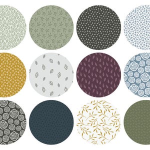 May include: Twelve round patterned digital paper designs featuring various floral and leaf motifs in shades of green, blue, brown, white, and gold.
