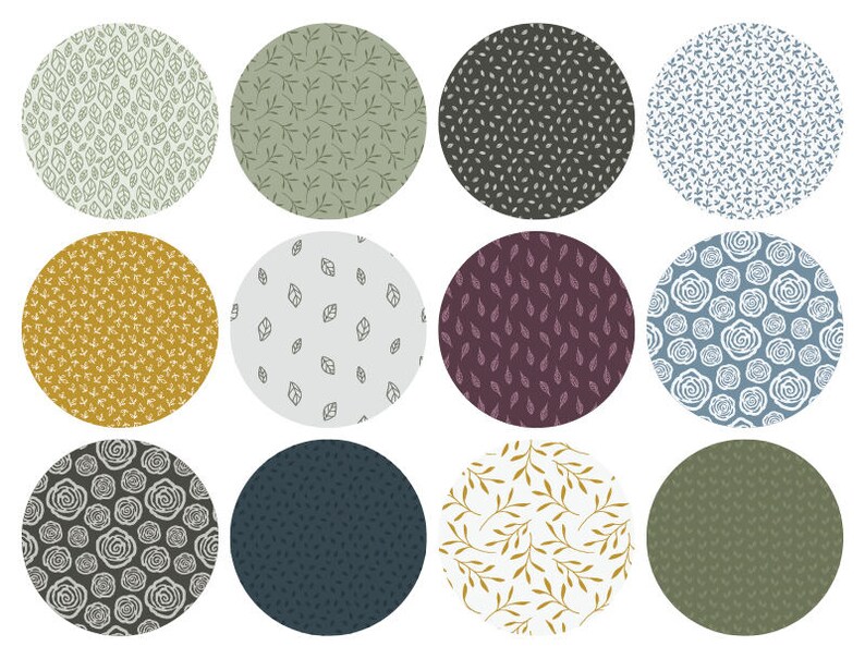 May include: Twelve round patterned digital paper designs featuring various floral and leaf motifs in shades of green, blue, brown, white, and gold.