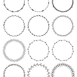 36 Hand Drawn Decorative Round Frames, Circle Borders: Floral, Boho, Abstract Doodle; Dots, Circles, Leaves; Digital Frames Clipart