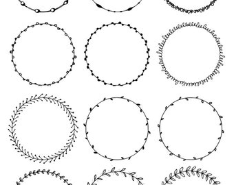 36 Hand Drawn Decorative Round Frames, Circle Borders: Floral, Boho, Abstract Doodle; Dots, Circles, Leaves; Digital Frames Clipart