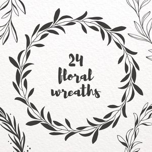 Floral Wreath Clip Art, Hand Drawn Decorative Round Frames: Foliage, Leaves and Branches, Leaf Wreath Clipart; Floral Design Elements