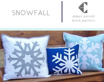 Snowfall PDF Pattern - 3 Paper Pieced Snowflake Blocks - Winter Throw Pillow or Mini Quilt Pattern - 16" Square Pillow and Lumbar Pillow