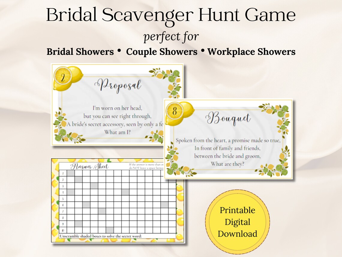 Bridal Shower Riddles Pdf Lemon Bridal Shower Game: Printable Bridal Shower Scavenger Hunt With ...