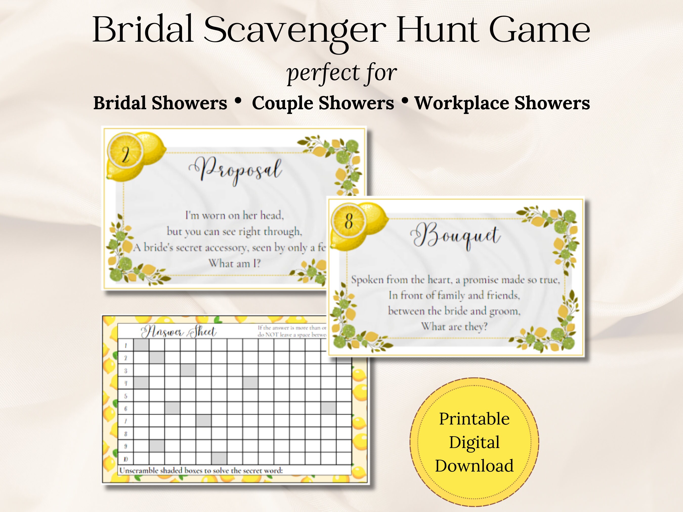 Lemon Bridal Shower Game Printable Bridal Shower Scavenger Hunt With