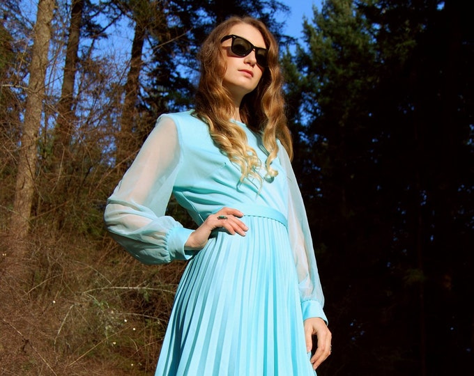 60s Mod Dress Tiffany Blue Long Sleeve Dress Short Pleated - Etsy