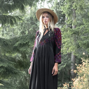 Antique Bedouin Hand Embroidered Dress | Kuchi Afghani Black Silk kaftan dress | Vintage Indian Dress | 60s Hippie Bohemian Folk Midi