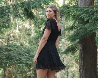 90's Black Velvet Burnout Mini Dress, CDC Evening Floral Cocktail Dress, Sheer Flutter Sleeve Party Dress