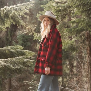 40s 50s Vintage Buffalo Plaid Mackinaw Jacket, Work Chore Coat, Plaid Wool Cruiser Jacket