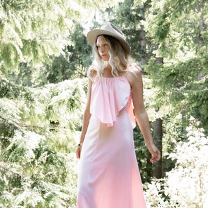 70's Maxi Dress, Vintage Pink Tie Shoulder Dress, Summer Picnic Cottagecore Dress, Cape Dress, 1970s Formal Homecoming Prom Bridesmaid Dress zdjęcie 7