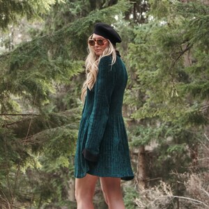 90's Emerald Chenille Sweater Dress Carol Wang Collared Long Sleeve Button Front Mini Dress image 3