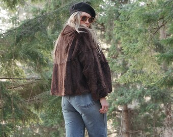 1950's Shearling Jacket, Rich Brown Warm Fluffy 50's Cropped Fur Coat with Snowflake Buttons