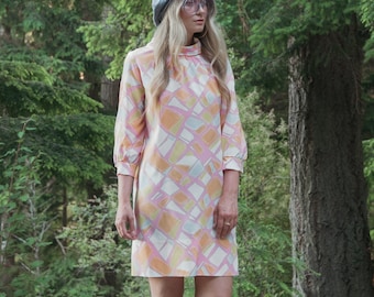 Vintage 60s Mod Dress, Carol Brent Retro Abstract Pastel Sherbert Shapes Mini Dress