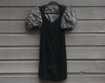 80s Couture Black Velvet Rainbow Polka Dot Puff Sleeve Mini Dress