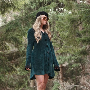 90's Emerald Chenille Sweater Dress Carol Wang Collared Long Sleeve Button Front Mini Dress image 1