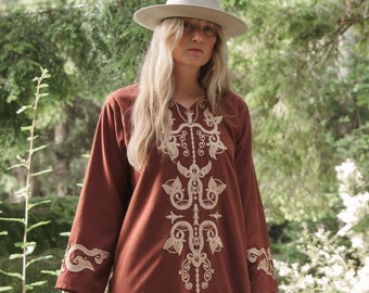 70s Embroidered Caftan Dress | Boho Hippie Brown + Gold Maxi Dress | Ethnic Bohemian Festival Dress