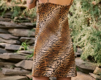 90s Leopard Print Dress / Tiger Stripe BYER TOO! Leopard Mini Dress / Cheetah Print Feather Trim Slip Dress / Lingerie Babydoll Dress
