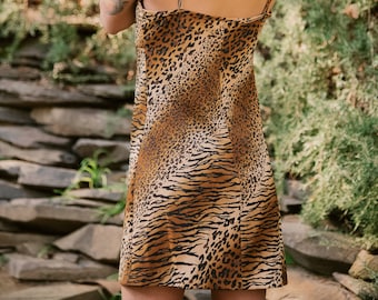 90s Leopard Print Dress / Tiger Stripe BYER TOO! Leopard Mini Dress / Cheetah Print Feather Trim Slip Dress / Lingerie Babydoll Dress