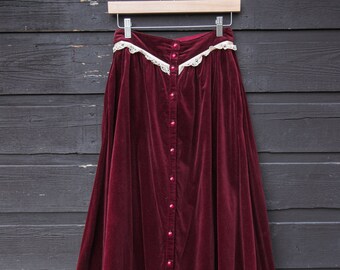 70s GUNNE SAX Skirt | Boho Maroon Velvet Maxi Skirt | Vintage Button Down Prairie Skirt