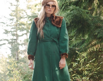 Vintage 1920's emerald green wool princess coat with shearling trim, XS Small