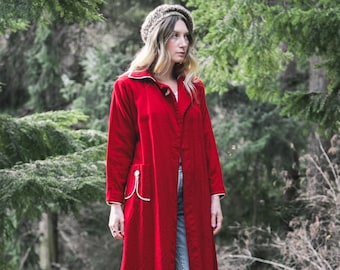 40's Vintage Wool Coat | Red + White Holiday Duster Jacket | 1940's Nightgown Robe | Retro Wool Trench Coat
